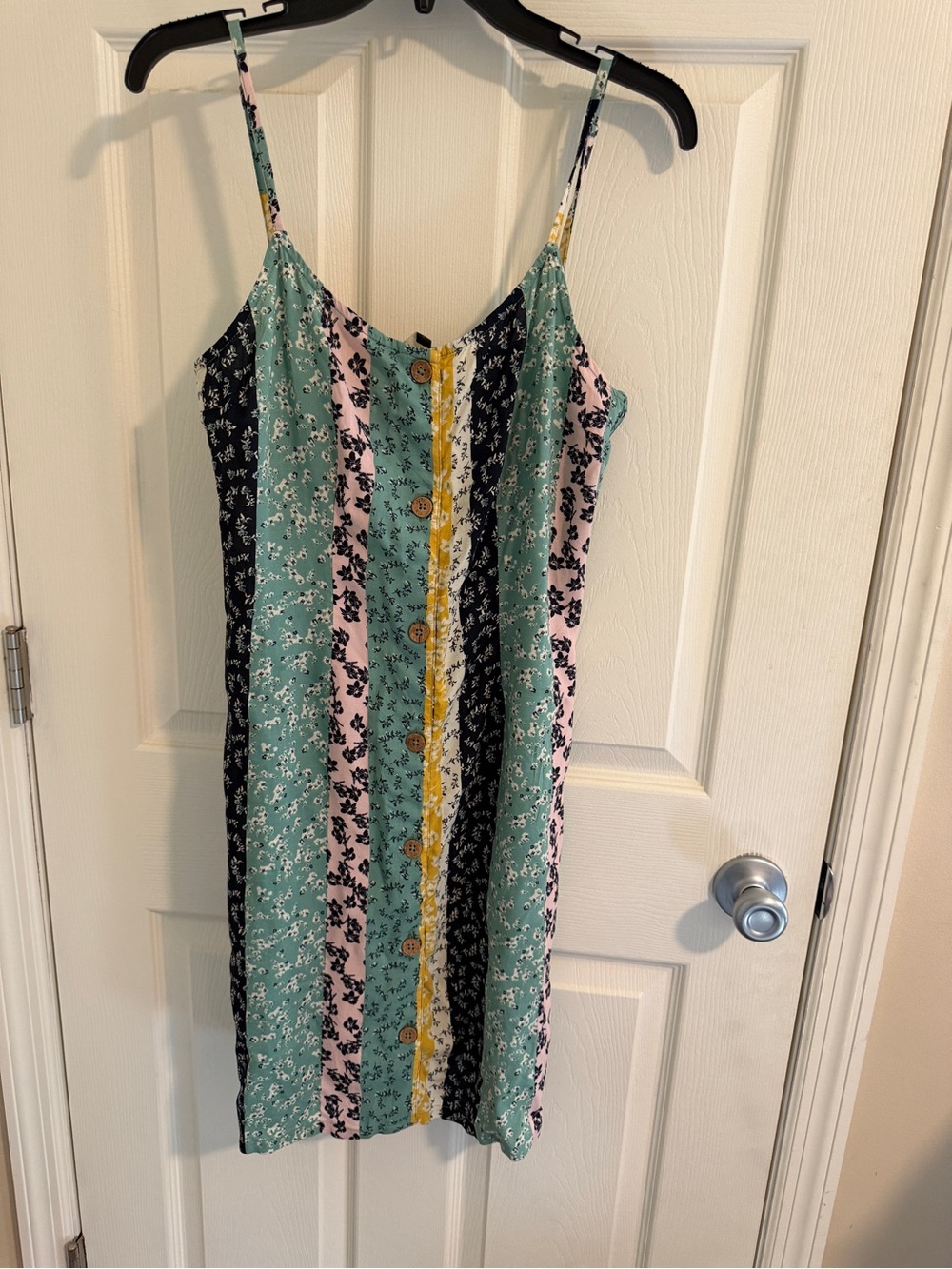 Roxy Striped Floral Spaghetti Strap Mini Dress in Mint, Pink, Black & Yellow